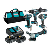 Makita Tools - 4 Piece Brushless Combo Kit - DHP486Z DTD173Z DGA508Z DTW700Z 2 x BL1850B DC18RC & Bag (199935-1) | DLX4186TX1